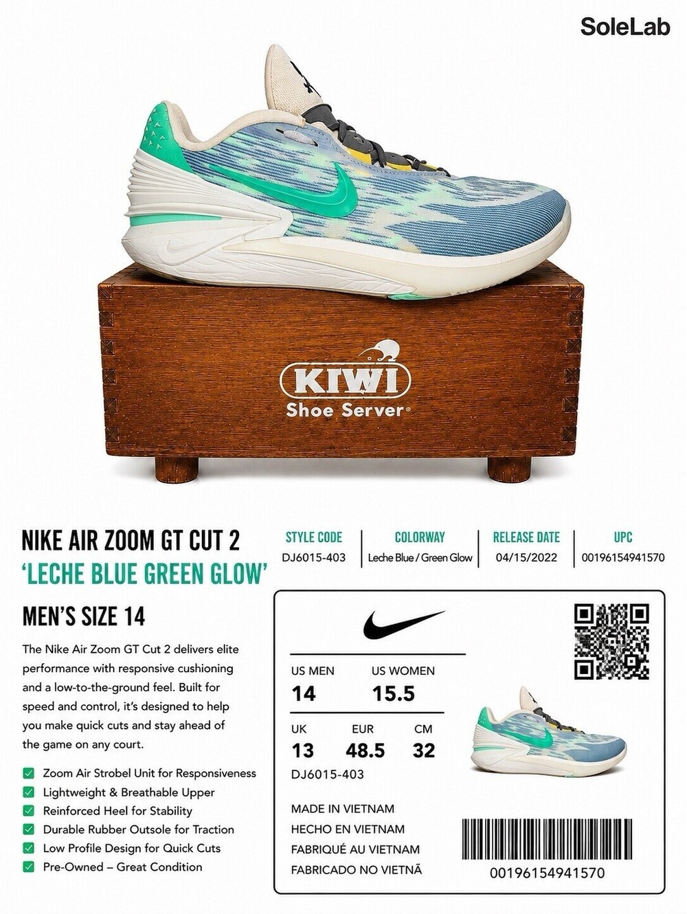 Nike Air Zoom GT Cut 2 Leche Blue Green Glow DJ6015-403 Men’s Size 14 Shoes